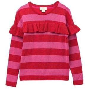 Kate Spade Girls Striped Metallic Ruffle Sweater Red Pink Sz 12
